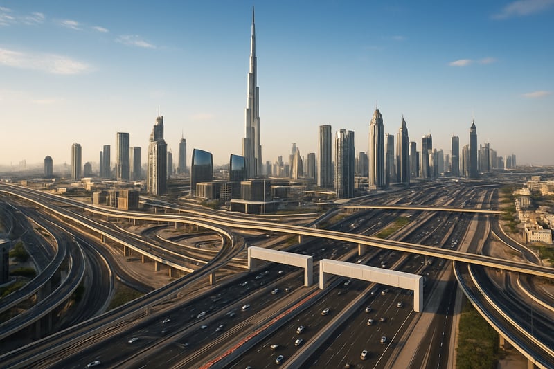 Dubai skyline with major roadways and toll gates
