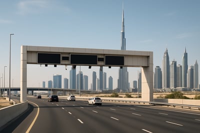 Modern highway in Dubai with toll gate and city skyline